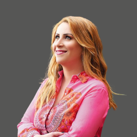 Smiling woman in pink shirt